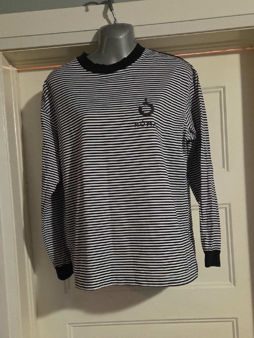 Striped Long-Sleeve Crewneck Shirt - Black & White with Logo